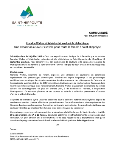 Communiqué de Presse Leclair-Walker