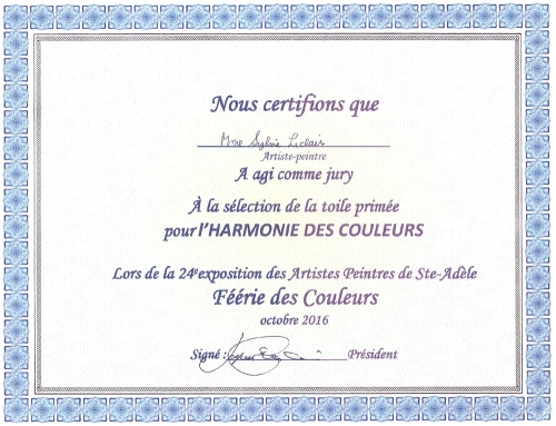 Certificat nommée jury AAPSA, 2016