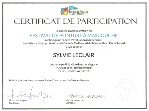 Certificat participation Festival Mascouche 2016